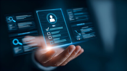 Businessman managing human resources with digital interface and checkboxes