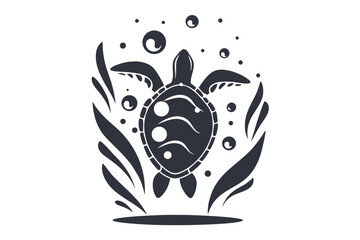 Sea Turtle with Bubbles, Aquatic Plants, and a White Background