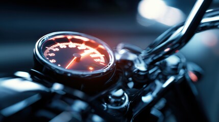 Close-up of a motorcycle speedometer displaying speed at night, with blurred city lights in the background