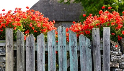 Fototapeta premium Rustic wooden gate with vibrant poppies