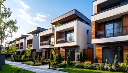 Modern multi-story residential buildings with wood paneling and glass balconies in quiet suburban street