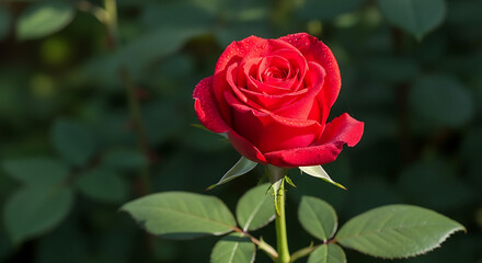 Naklejka premium A vibrant red rose blooms in a lush green garden setting