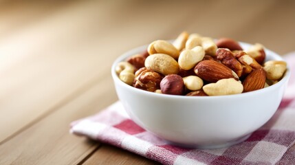 A close-up view of a white bowl filled with assorted nuts on a checkered cloth, with a wooden table background