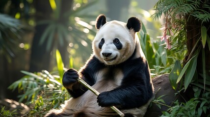 Obraz premium Adorable giant panda enjoying bamboo while relaxing in a lush green forest environment