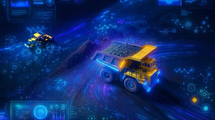 Autonomous mining trucks with smart technology, sensors, and data-driven systems for efficient operation in a digitalized industrial environment. - Powered by Adobe
