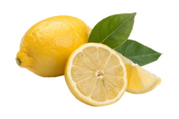 Fresh lemon and leaves isolated on transparent background