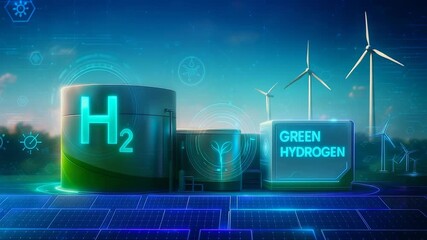 Green hydrogen production with renewable energy sources, including wind turbines and solar panels, for a sustainable future. - Powered by Adobe
