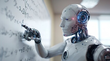 Advanced humanoid robot teaching mathematical equations in a modern classroom setting.