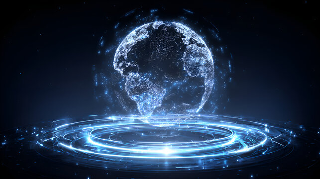 Hologram of planet earth rotating on futuristic hud interface - Powered by Adobe
