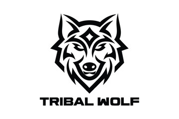 Tribal Wolf Head, Bold Black Tattoo Design, Sharp Edges, Vector, White Background