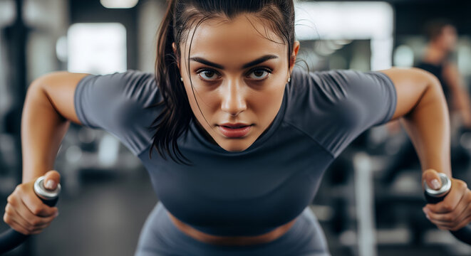 Determined Woman Doing Dips on Parallel Bars: Gym Workout Focus