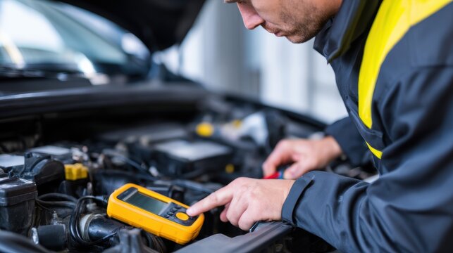 Mechanic using a multimeter to diagnose car issues in a well-lit automotive workshop environment
