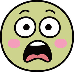 Cute yellow-green circular cartoon face with a shocked expression, with wide eyes, pink cheeks and an open mouth, isolated on a white background.