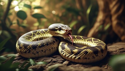 Fototapeta premium Close-up image of a coiled snake with its tongue out in natural jungle setting