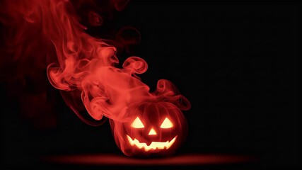 Glowing jack-o'-lantern amidst swirling red smoke against a dark background.