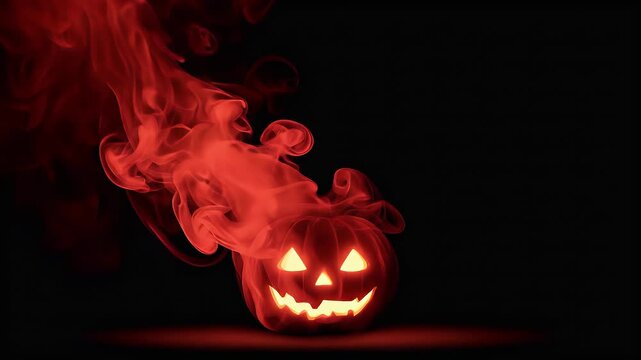 Glowing jack-o'-lantern amidst swirling red smoke against a dark background.