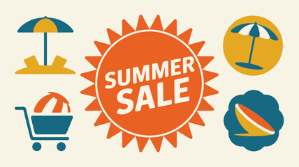 Summer sale themed graphic with beach umbrella shopping cart surfboard and sun icons on a beige background