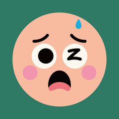 Cute pink circular cartoon face with a sleepy and exhausted expression, one eye closed, with a sweat drop on the forehead, on a solid background.