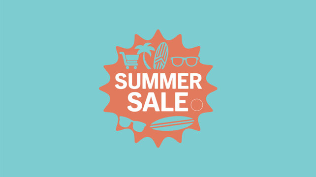 Summer sale graphic with shopping cart, palm tree, sunglasses and surfboard on a teal background - Powered by Adobe