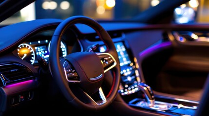Interior view of a luxury car showcasing modern dashboard features and ambient lighting at night