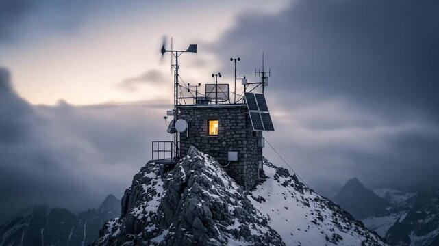 Weather station atop a snow-covered mountain peak, illuminated window against a cloudy sky, with various meteorological instruments.
