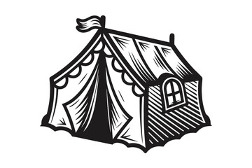 Fototapeta premium Tent Surrounded by Abstract Trees in Black Silhouette on White Background