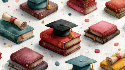 Graduation caps, diplomas, and colorful books create vibrant and educational seamless pattern, perfect for celebrating academic achievements and milestones