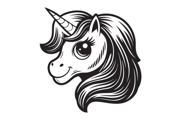 Unicorn Head with Smiling Face on White Background Isolated