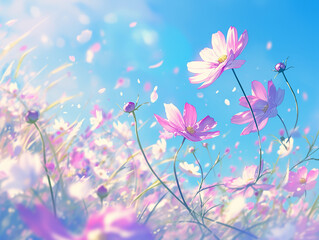 Fototapeta premium コスモスの花の背景イラスト Generative AI