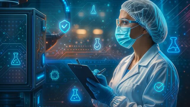 Laboratory Technician in PPE Using Tablet with Digital Interface for Data Collection and Scientific Research in Lab