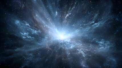 Bright light shining through nebula clouds and star clusters in deep space