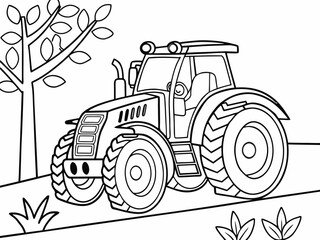 Vector style coloring page with a simple black outline drawing of a modern tractor