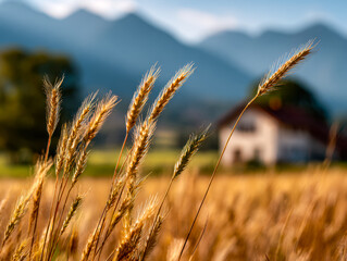 Fototapeta premium Golden wheat stalks swaying in a rural landscape with mountains in the background