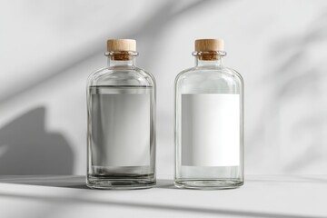 Two clear glass bottles with blank labels, minimalist studio setting, sunlight shadows, product mockup