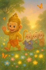Fototapeta premium Bal hanuman with sadhus