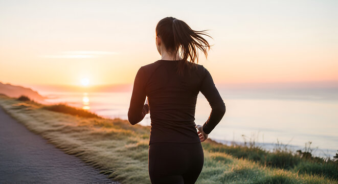 Coastal Sunrise Run: Woman Jogging by the Ocean