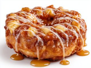 Apple fritter donut, golden crispy surface with apple chunks, caramel glaze drizzle, isolated on pure white background