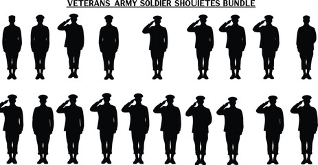 Veterans Army Soldiers Silhouette Bundle Vector Illustration, Military Personnel Saluting Collection, Honoring Armed Forces Design Elements, Black and White Graphic Set

.