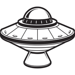 UFO Spaceship with Light Beam and Stars Icon in Black on White Background