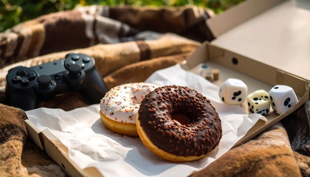 Chocolate and Sprinkled Donuts with Game Controller and Dice on a Picnic Blanket