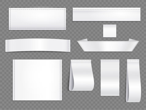 Textile labels. White realistic fabric tags. Blank cloth labels mockup with stitches, cotton badge, woven fashion sticker, sewn garment ribbons for brand name. Vector 3D set.