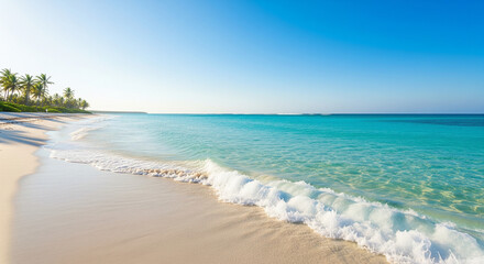 Obraz premium Serene Tropical Beach: Turquoise Water, White Sand, Palm Trees, Sunny Day, Peaceful Ocean Wave 