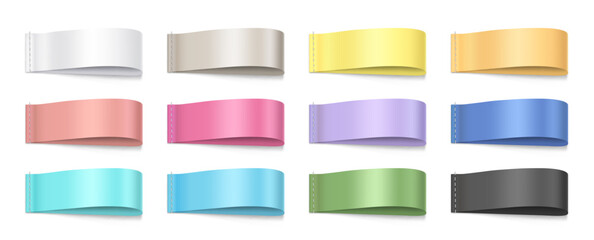 Textile tag labels. Color realistic fabric tags, empty cloth label mockup, cotton badge, apparel fashion banner, sewn garment ribbons for brand name. Vector 3D set.