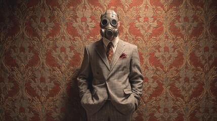 Post-Apocalyptic Dapper: A Suited Figure Adorned in a Gas Mask on Ornate Damask Wallpaper