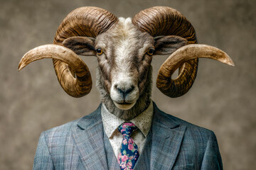 Anthropomorphic ram dressed in a business suit with a floral tie against a neutral background