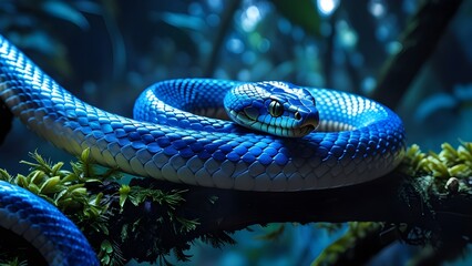 Obraz premium Blue Snake on Mossy Branch Close-up