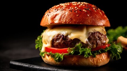 Juicy cheeseburger with fresh lettuce, tomato, and sesame seed bun on a dark background