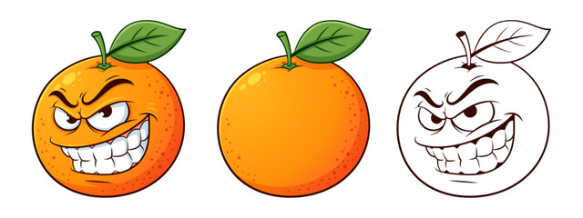 Angry Orange Cartoon Character with Regular Orange and Outlined Version