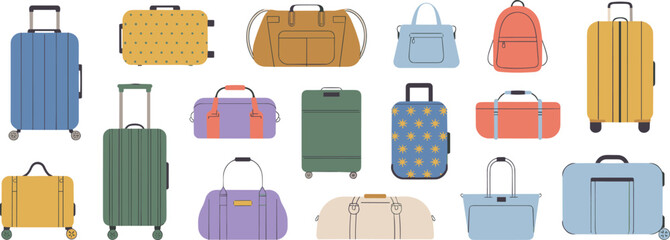 Travel luggage vector set, colorful suitcases, handbags, backpacks, and duffle bags illustration for vacation, tourism, airport, journey, holiday, and adventure themes © Creatives Mind