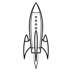 Rocket Ship Illustration, Black Outline Spaceship on White Background,